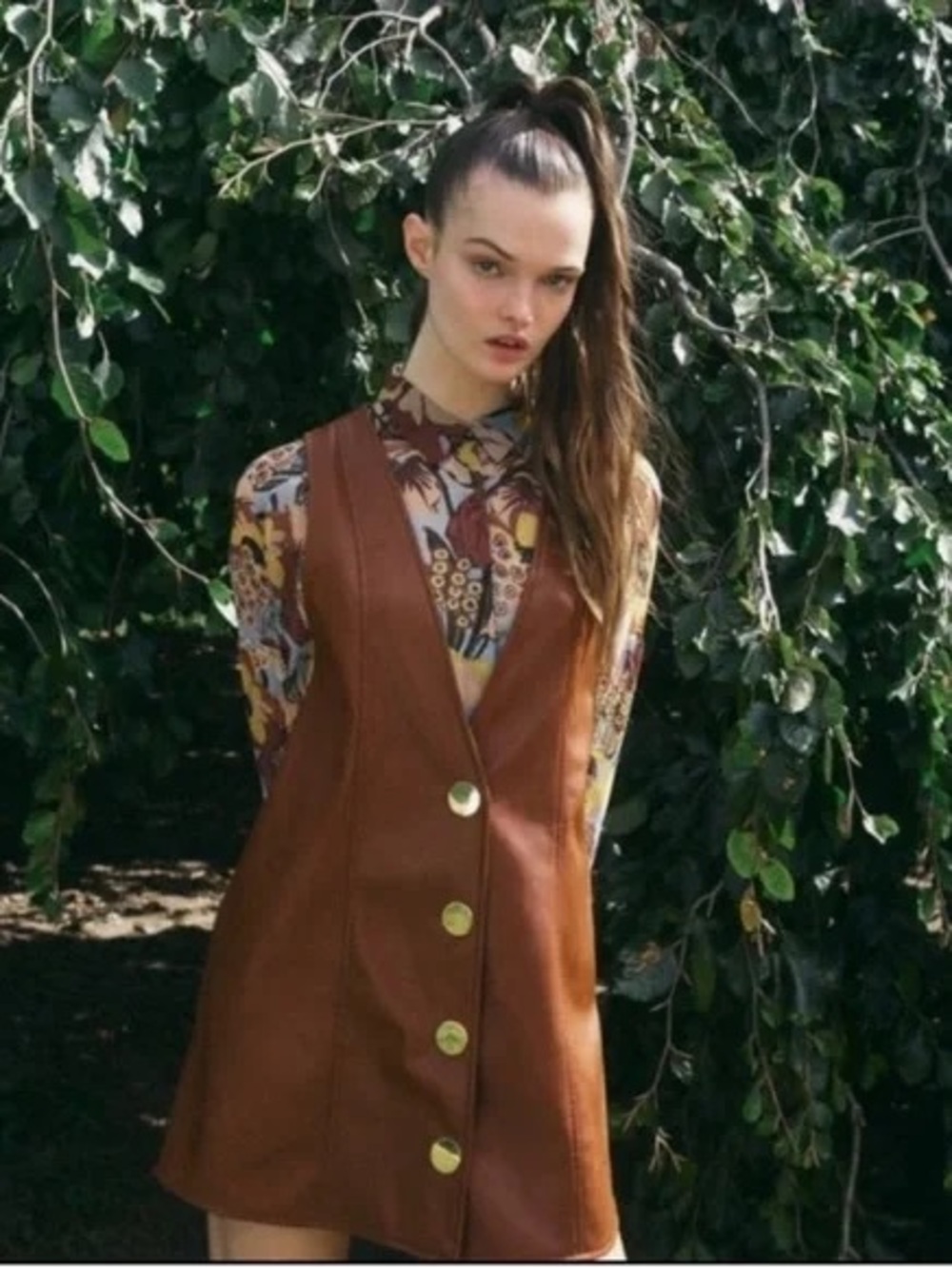 Zara Brown Faux Leather Pinafore Dress Gold Buttons M